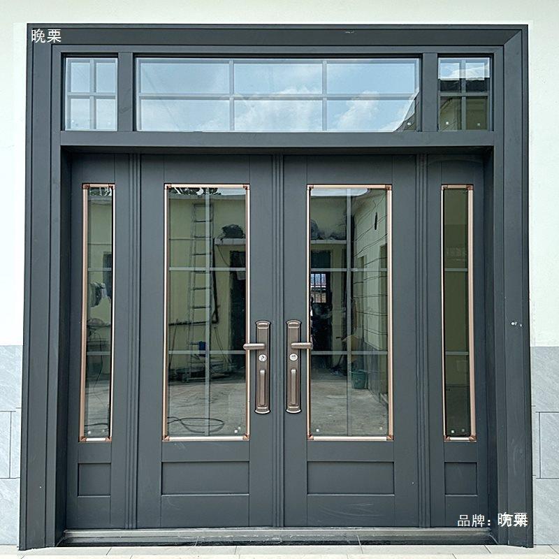 钢化玻璃门别墅大门双开门农村自建房四开锌合金入户门客厅进户门