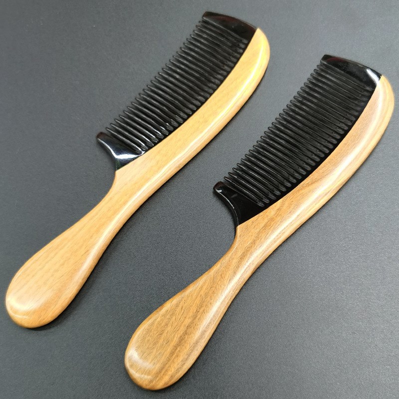 天然绿檀沉贵宝牛角拼接梳子 精品长柄按摩直发梳实用木梳子