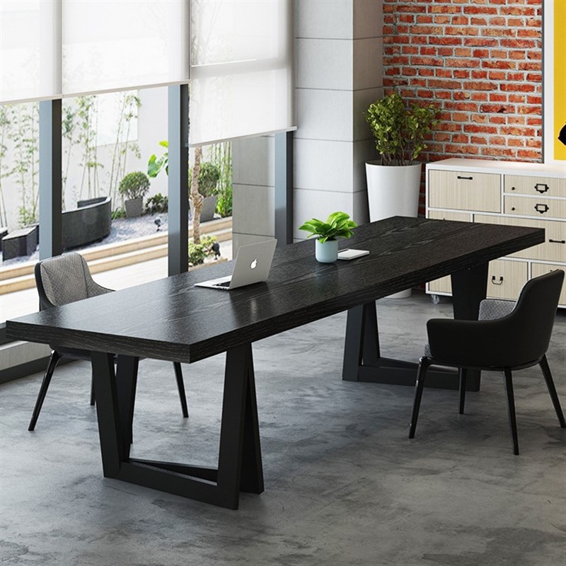 客厅实木长书桌大板桌工作台电脑桌黑色创意设计师轻奢老板办公桌
