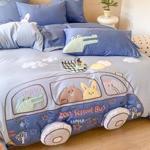 卡通儿童男孩床品100支全棉长绒棉四件套纯棉卡通刺绣被套床单