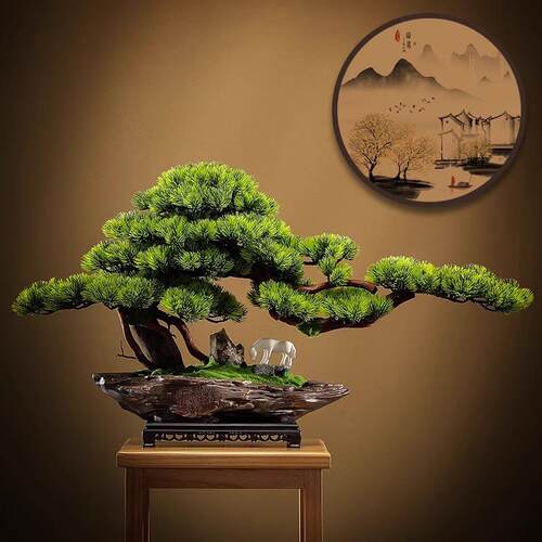 中式仿真迎客松绿植造景摆件客厅盆景办公室室内盆栽玄关桌面装饰