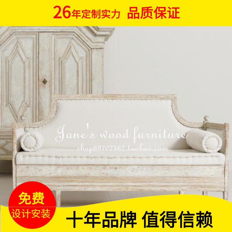 出口中式实木沙发橡木美式法式复古风化做旧木布结合双人三人沙发