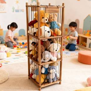 现货实木毛绒玩具收纳架烤色木制玩具收纳架儿童房毛绒玩具收纳架