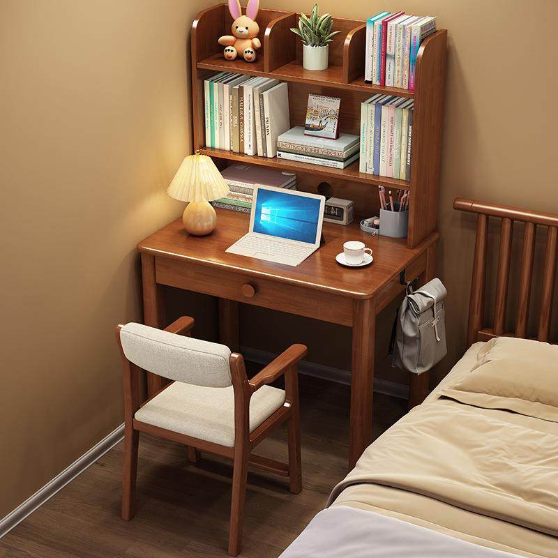 实木书架一体桌带书柜现代简约家用卧室电脑桌台式学生写字台桌子