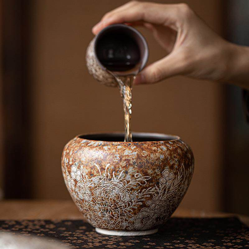 老岩泥繁花鎏银建水 中式复古陶瓷茶渣缸水孟茶道零配茶洗杯洗