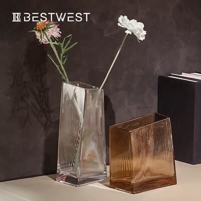 博西家培YYC居现几何梯形竖楞代透明玻花瓶摆件家居软装璃水花器