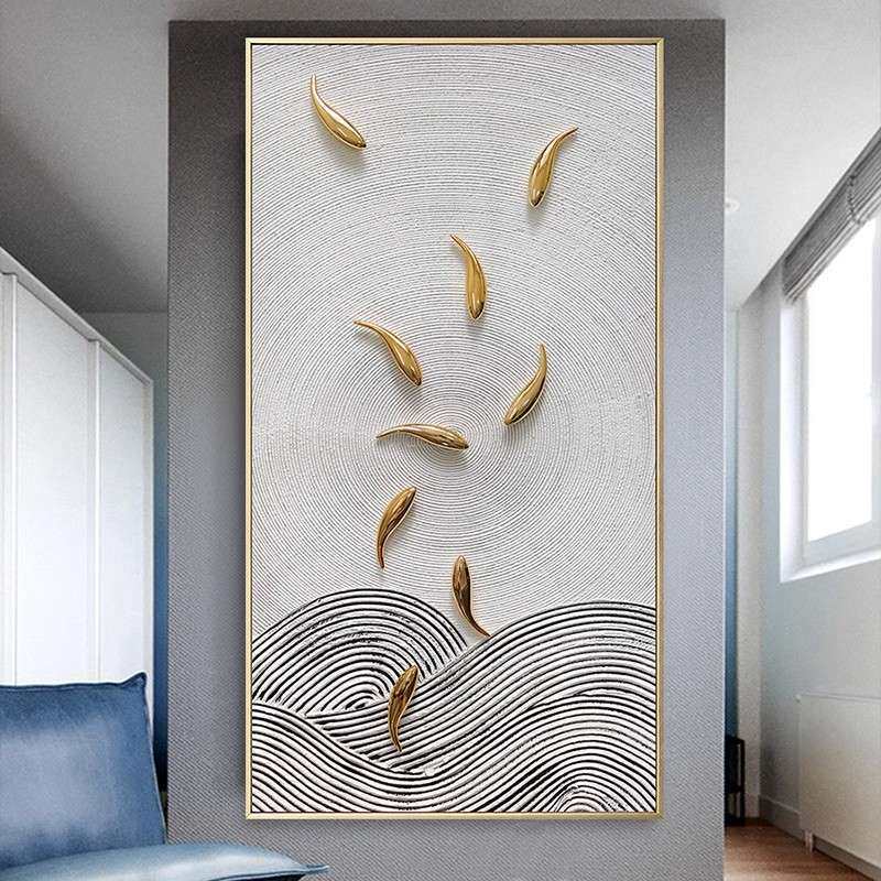手绘油画轻奢风玄关装饰画竖版走廊壁画大幅九鱼图客厅装饰画挂画