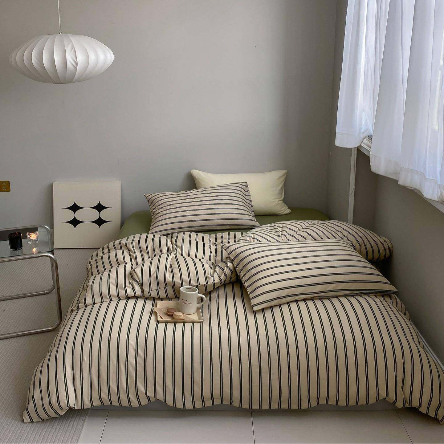 新款复古条纹针织棉套件 纯棉条纹印花系列四件套 床单床笠套件