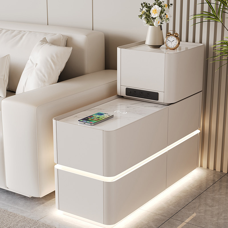 智能款沙发边几边柜奶油风全实木客厅侧边柜2025新款无线充带插排