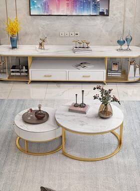 欧板简约岩板北视机柜家用客厅白色视听柜样房多CYQ功能茶几电组