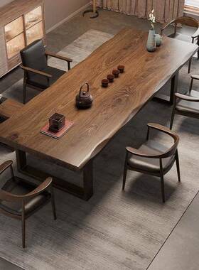 实大板茶桌椅组合原生HOQ木桌办公纹客厅家用一桌六椅木茶茶几泡