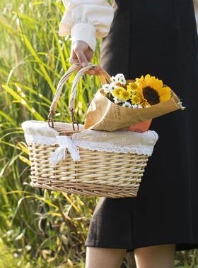 收纳藤编收纳筐野餐篮编水果篮野纳FVO餐手提篮织子摄篮影拍照篮