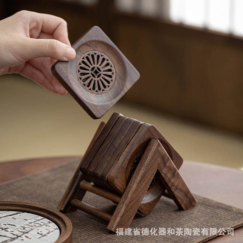 黑胡桃木垫杯垫方形圆手工沥水蓄水四方杯垫茶垫隔热茶杯杯具托防