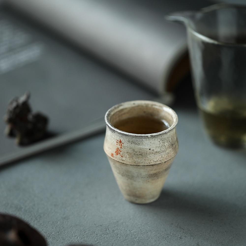 清欢日式粉引刷毛目单杯品茗杯陶胎草木灰釉化妆土纯手工茶杯