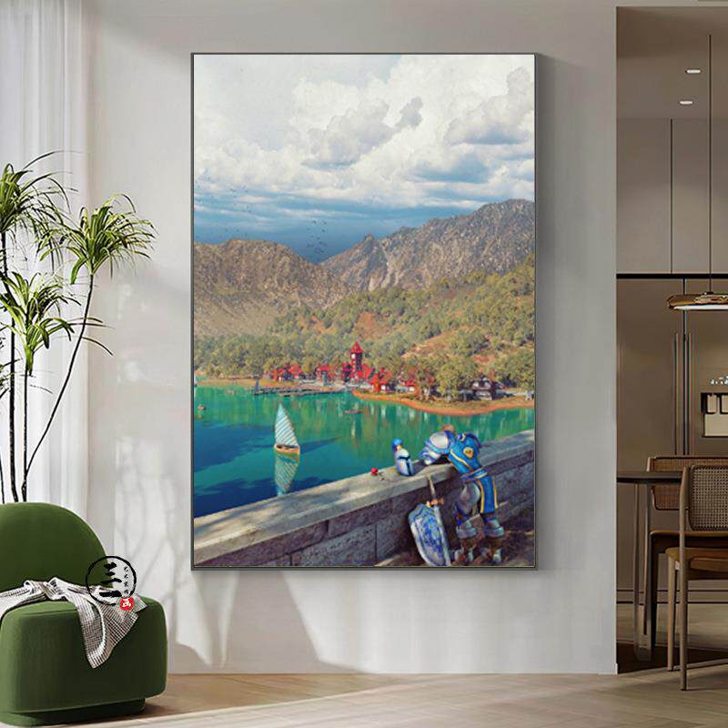 魔兽世界风景挂画纳格兰湖畔镇雷霆崖联盟部落墙画电竞卧室装饰画