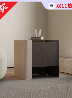 意式极简床头柜卧室实木收纳现代高级设计师简约床边柜轻奢马鞍皮