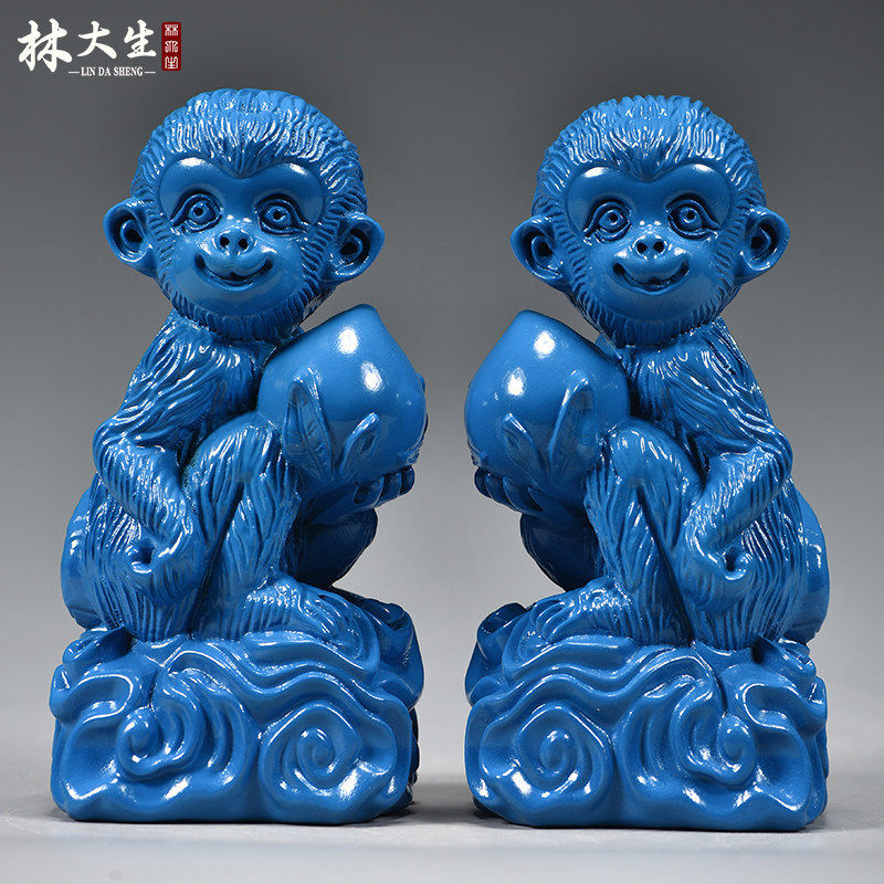 蓝色木雕猴子摆件三合十二生肖猴木头猴家居补角吉祥物装饰工艺品