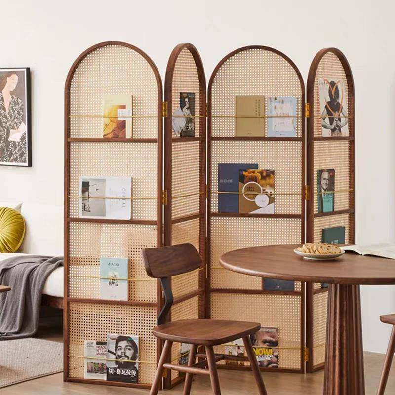 日式实木藤编屏风隔断客厅简约遮挡家用折叠移动杂志书架小户型