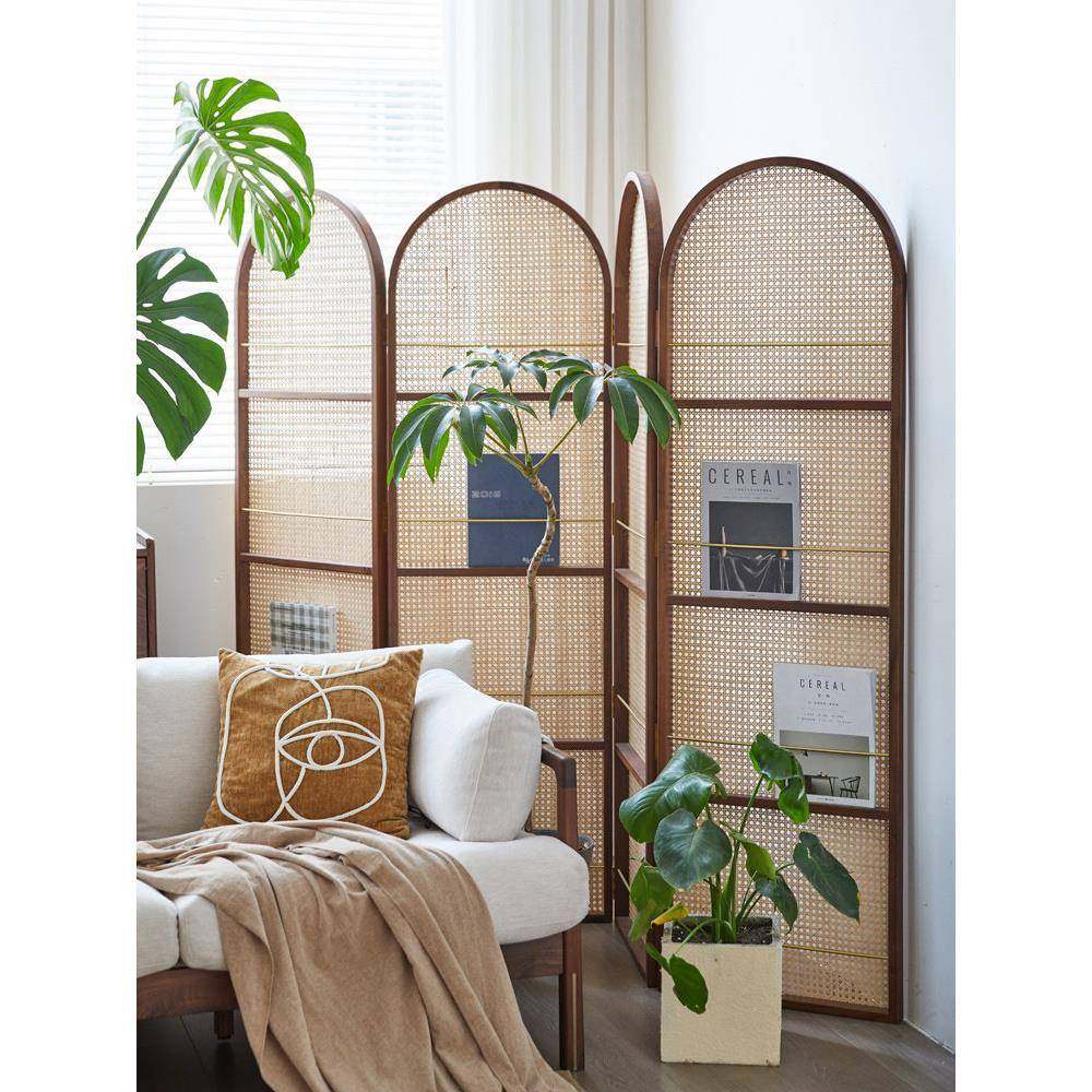 中复古折叠藤编屏风软隔断客厅入户玄关遮挡实木法式移动置物书架