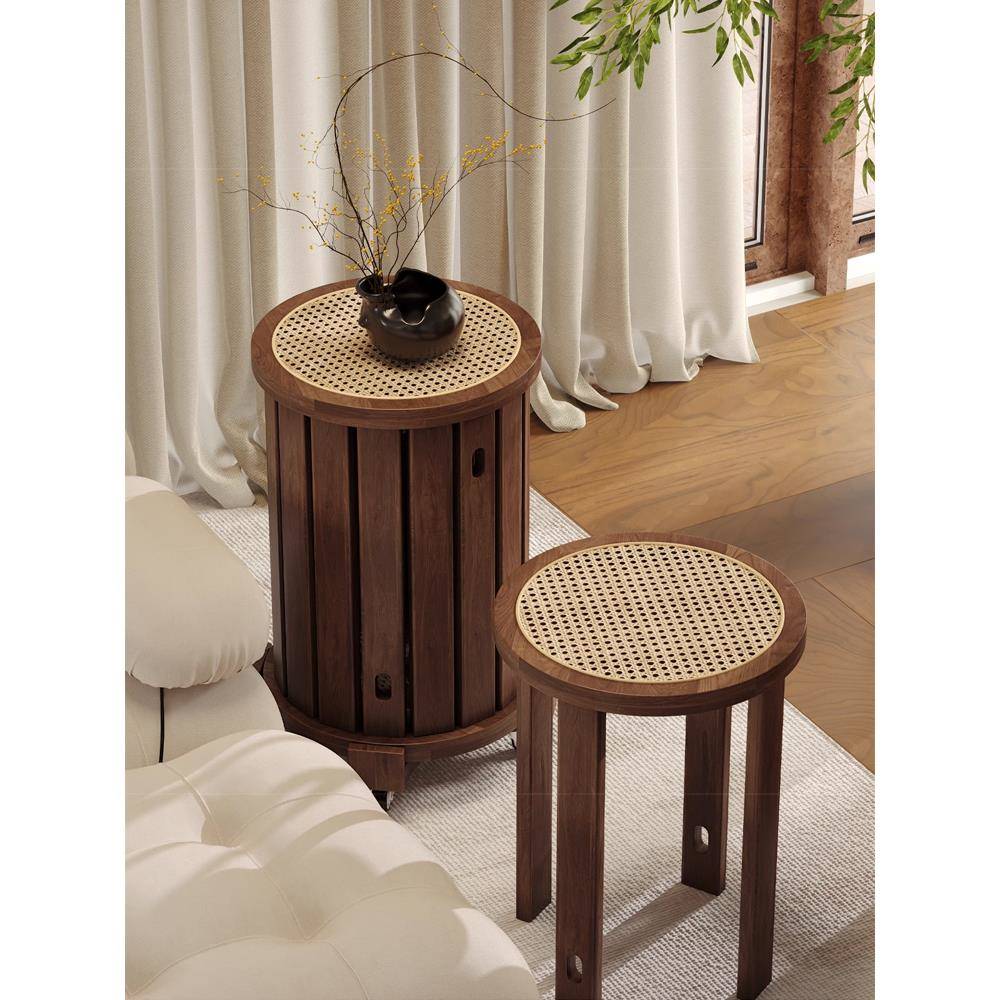 实木凳子可叠放家用叠叠乐带滑轮组合凳客人备用中古风藤编圆凳子