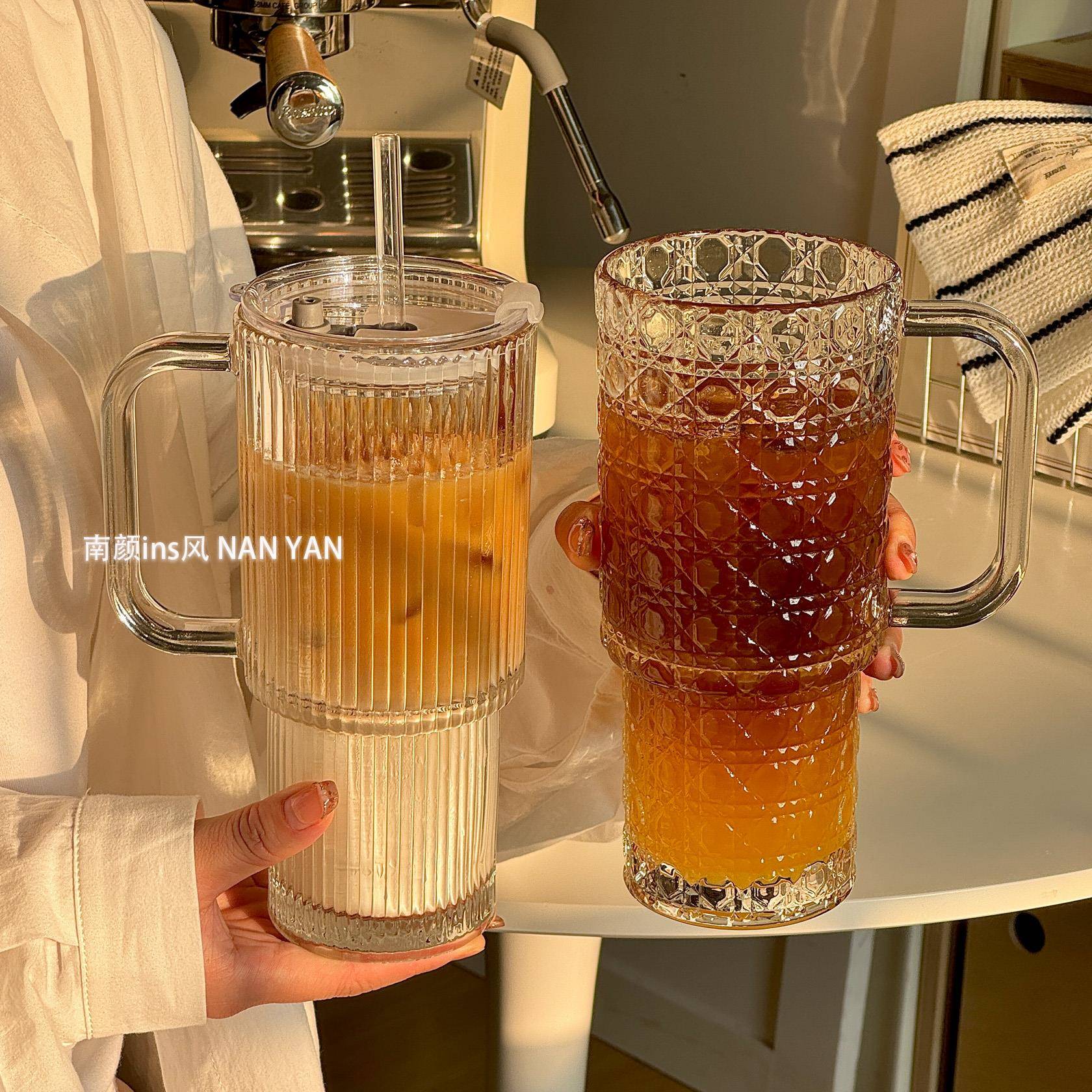 带盖大容量冰霸杯巨无霸玻璃杯女生高颜值带盖办公室咖啡水杯子