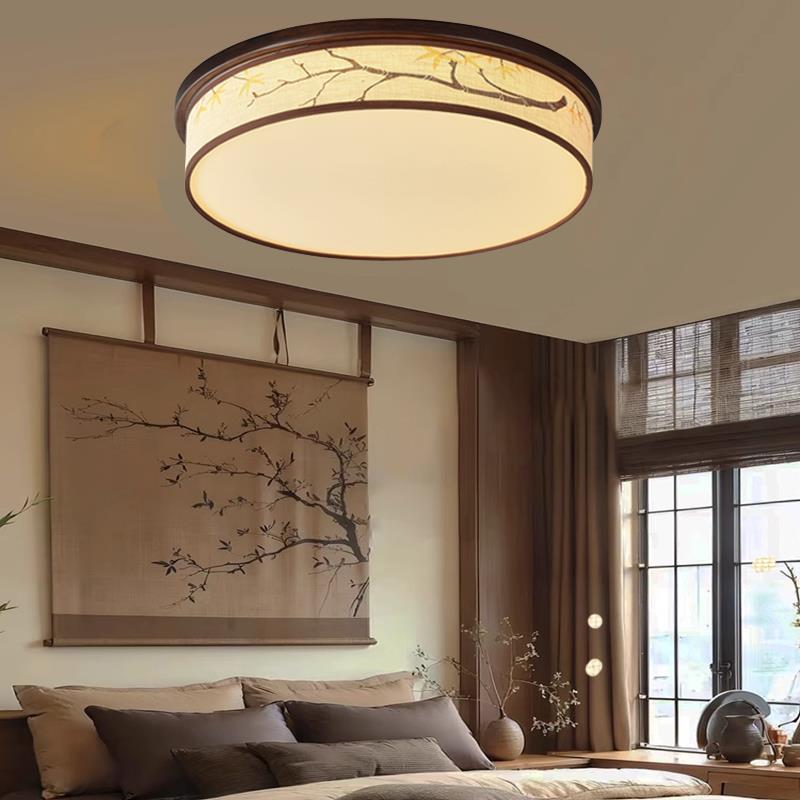 宋式美学圆形卧室吸顶灯实木禅意东方家居装修风竹叶主卧书房间灯