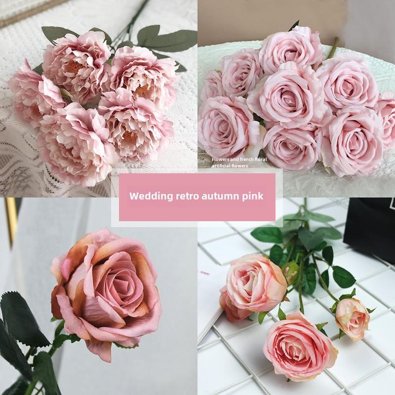 秋天覆古泰式婚礼秋天粉红牡丹油画摄影花束朝鲜粉红玫瑰豆沙粉飞