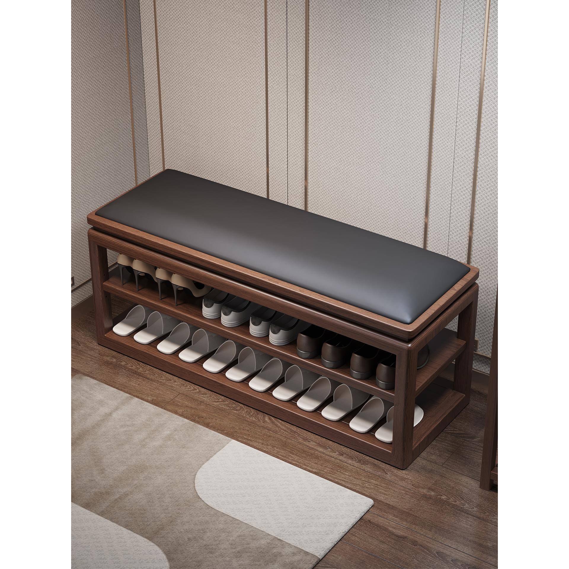 全实木换鞋凳家用门口新中式入门鞋柜一体可坐穿鞋凳多层入户鞋架