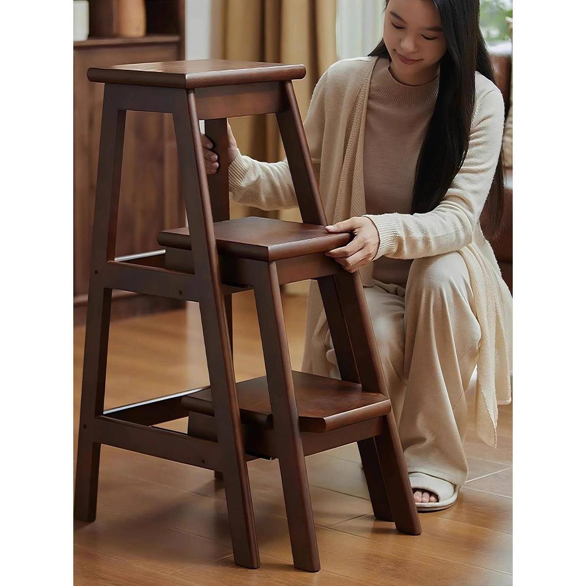 加厚实木梯椅凳子两用登高楼梯家用梯凳折叠梯人字梯小梯子置物架