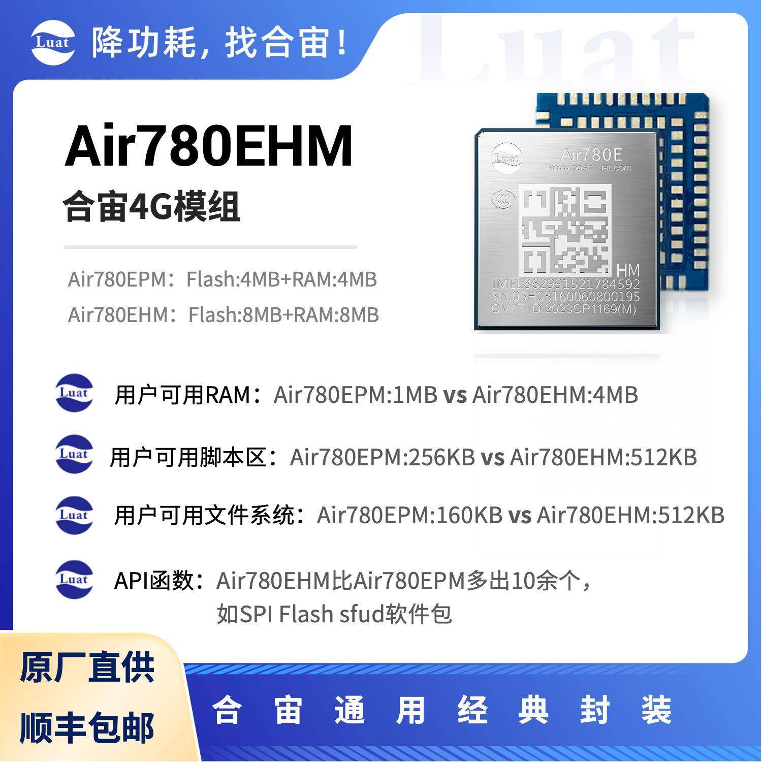 合宙Air780EHM 更大RAM 比Air780EPM支持更多LuatOS API功能函数
