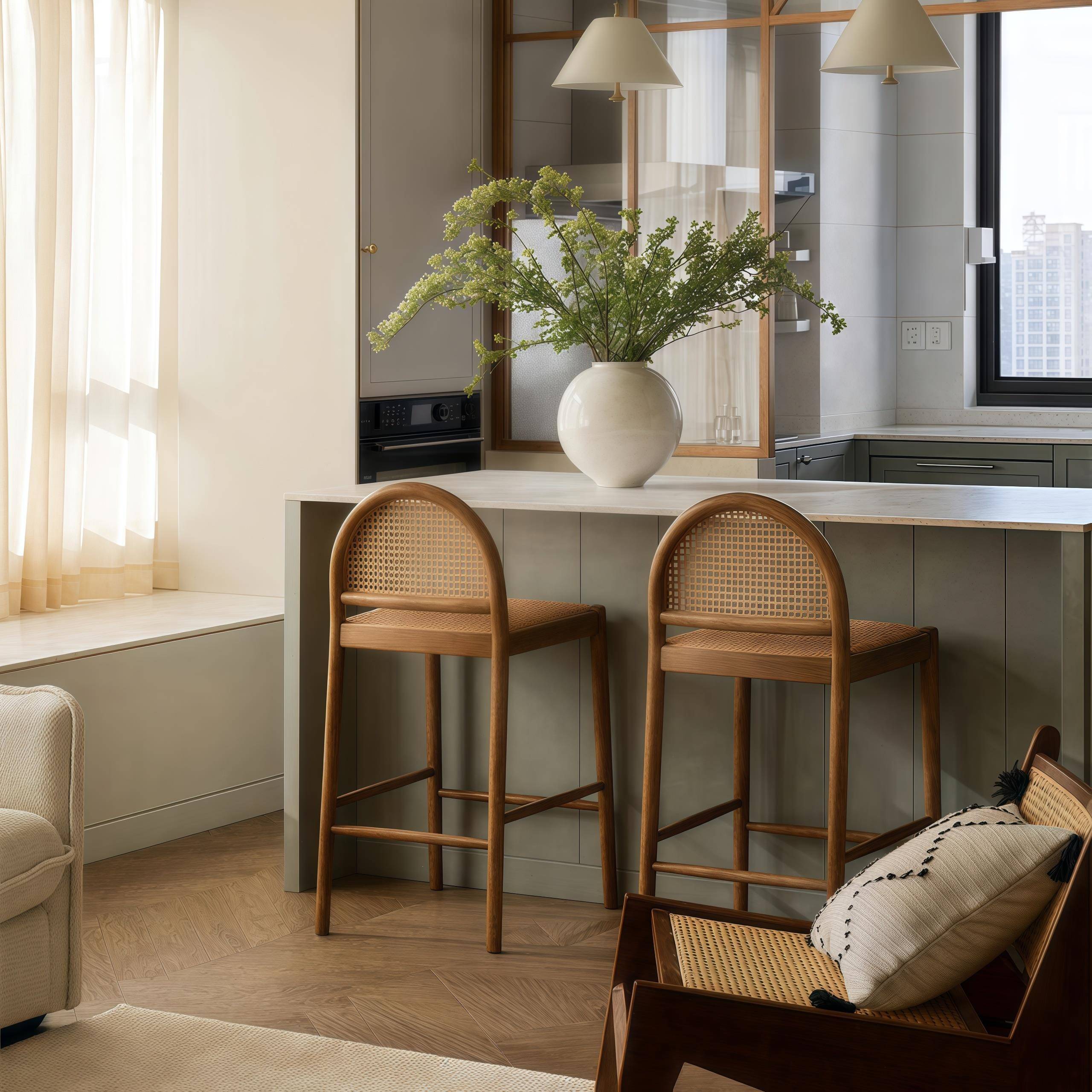 实木藤编吧台椅简约酒吧椅家用岛台椅侘寂风吧台高脚凳前台高脚椅