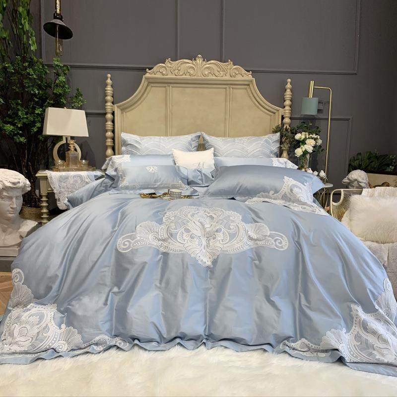 亦莱莎雾霾蓝纯色100支全棉四件套蕾丝床上用品被套欧美式被单