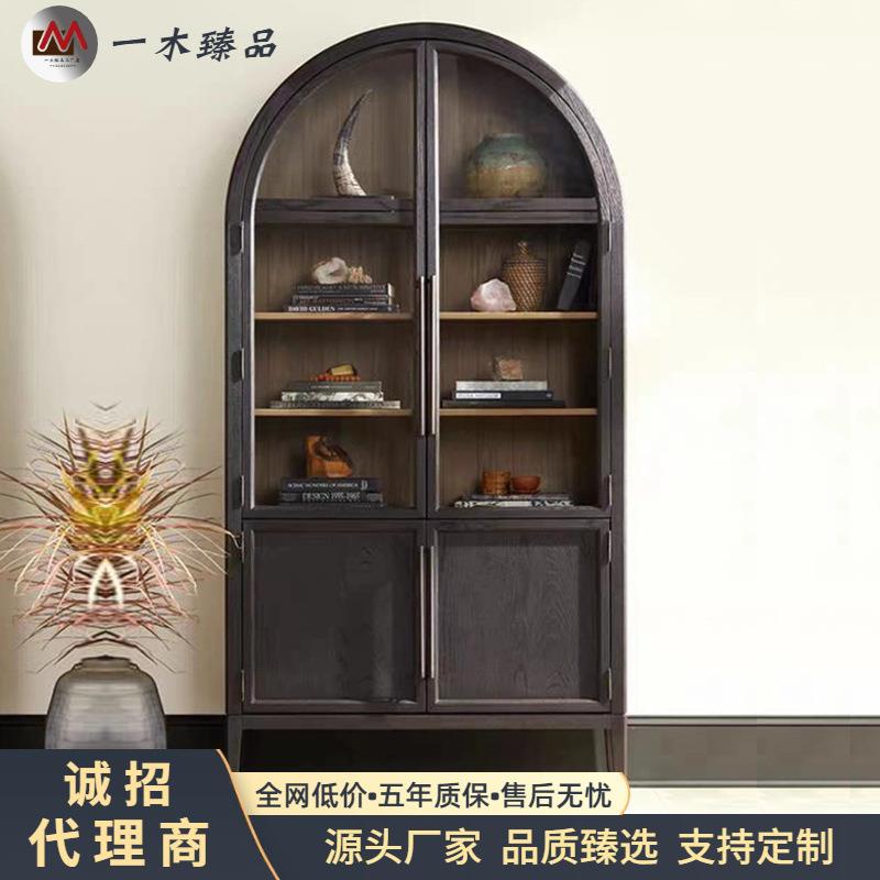 实木书柜北欧餐边柜拱形玻璃门装饰书架法式复古酒柜收纳移动书柜
