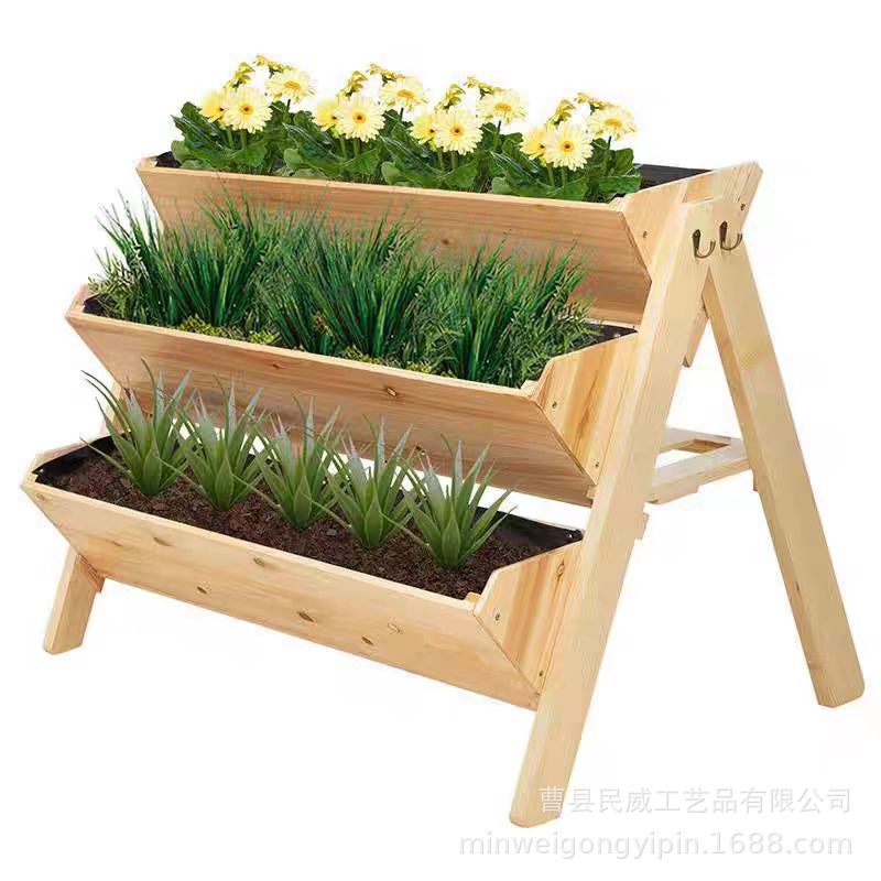 木制花3层高架台植物种植架带侧钩花园高架箱花床户外露花台