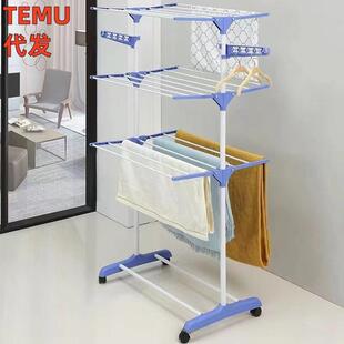 单管落地晾衣架可移动带轮三层毛巾架折叠伸缩落地铁管晾晒架