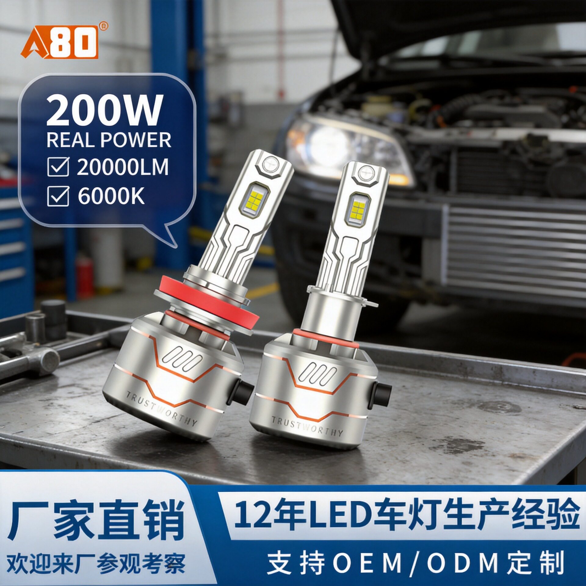 A80-AR8汽车LED大灯100W远近光一体行车灯20000LM高亮H1适配