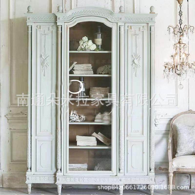 美式仿古实木雕花做旧衣橱玻璃门法式宫廷风轻奢衣柜客厅储物柜