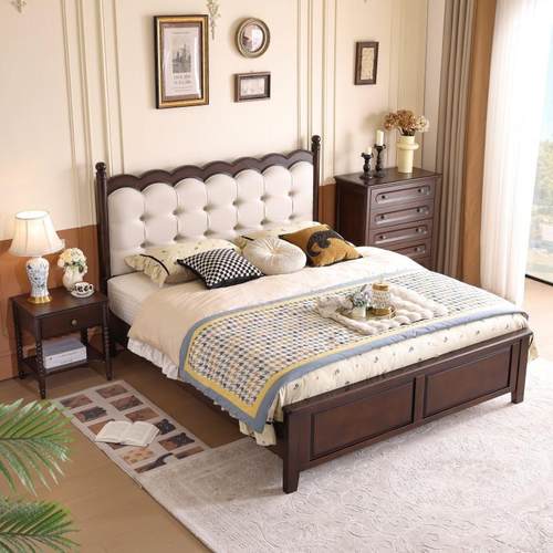 美式轻奢实木床现代简欧床软包靠背双人床收纳储物大床1.8m婚床