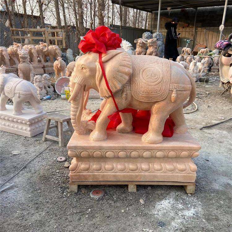 供应晚霞红石雕大象旅游景区门口摆放摆件曲阳石雕象雕塑