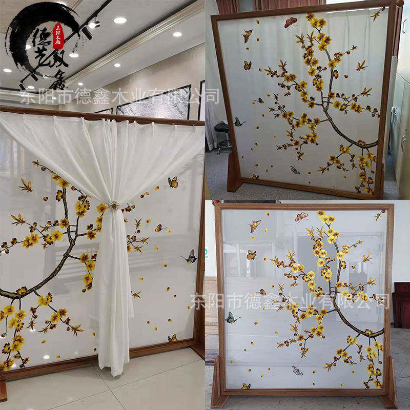 新中式现代简约布艺屏风木质移动折叠入户玄关实木花格房间隔断