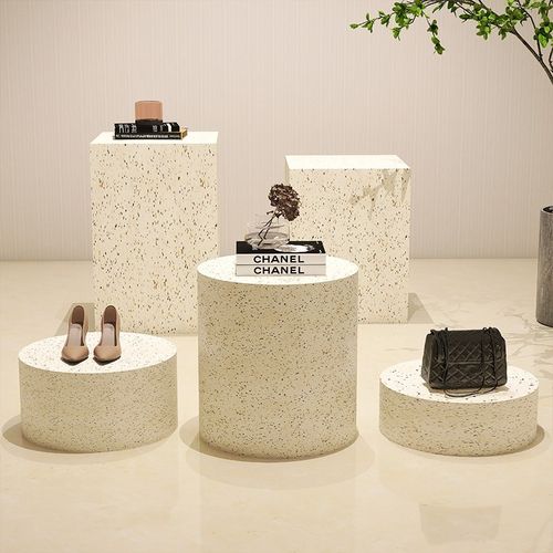 圆形水磨石摆台客厅玄关地台电视柜旁落地柱子木墩摆件底座雕塑台