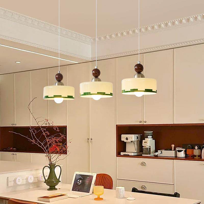 中古风餐厅圆形玻璃灯实木床头灯一字型极简长桌三头茶室吧台吊灯