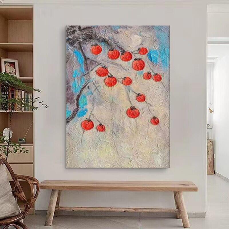 手绘油画新中式柿子客厅装饰画厚肌理万事如意水果挂画玄关入户