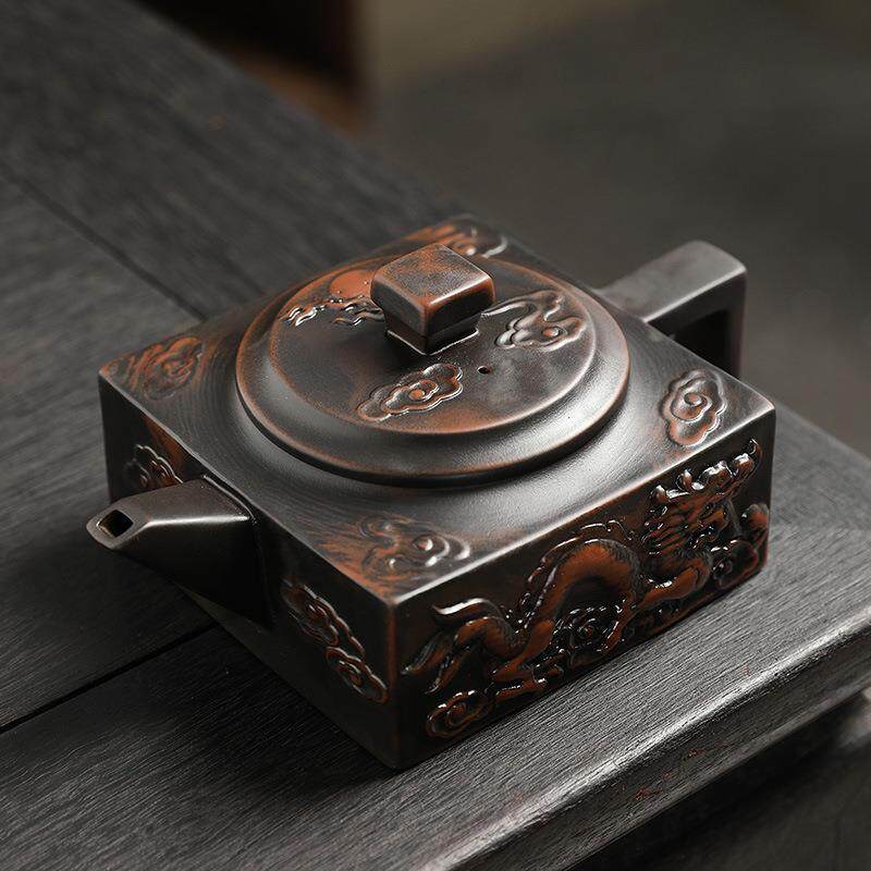 云南紫陶名家全手工四方器旋转凤鸣壶满雕祥龙方山逸士壶可提旋