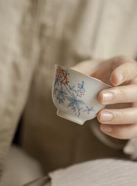 明知山志玉泥花时反秋福灵茶杯仿古手绘凌霄花品茗杯陶瓷单杯