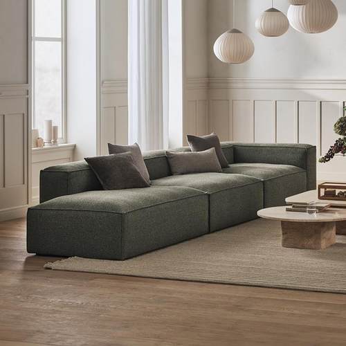 法式极简豆腐块布艺沙发客厅单扶手转角双面绿色灯芯绒沙发宽坐深