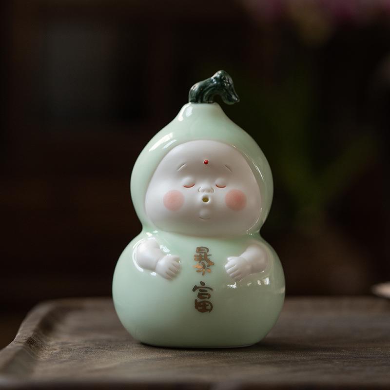 青瓷暴富葫芦茶宠摆件精品茶具小茶玩可爱家居摆件手工艺品装饰品