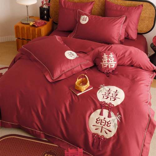新中式婚庆100支双股长绒棉四件套纯棉红色床单被套结婚喜嫁床品