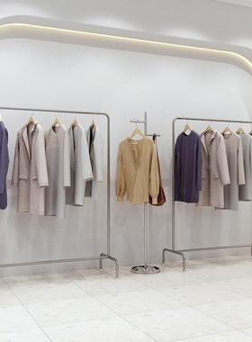 女装服装店落地式展示架不锈钢拉丝银带轮子货架卧室衣服收纳架