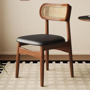 法式复古全实木餐桌椅靠背餐椅中古休闲家用藤编椅子餐厅吃饭凳子